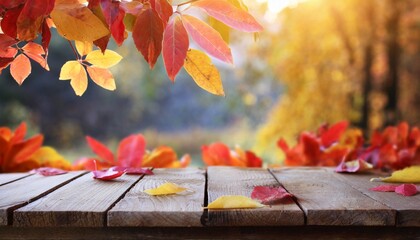 Rustic Elegance: Wooden Table with Blurred Autumn Background and Red-Yellow Leaves. Generative AI