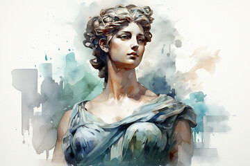 Aphrodite, the enchanting goddess of love and beauty, weaves her mythology into the ancient wonders of Greece, radiating grace. Generative AI watercolor illustration.	 - obrazy, fototapety, plakaty