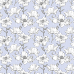 White Poppy flowers seamless pattern. Hand drawn sketch style. Nature background. Floral illustration.	
