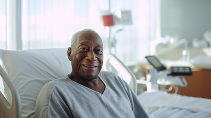 Senior african american man sitting in a hospital bed - Powered by Adobe