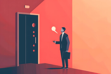 A minimalist scene of a person giving an elevator pitch, possibly with speech bubbles conveying key points, indicating self-promotion during interviews