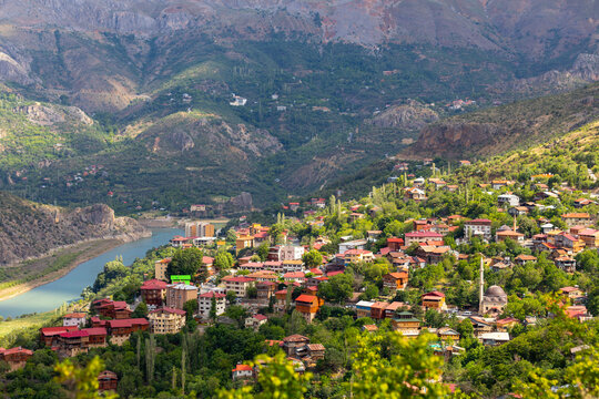 Valley view of Kemaliye town. View of the old Kemaliye houses and the Euphrates River. Erzincan
