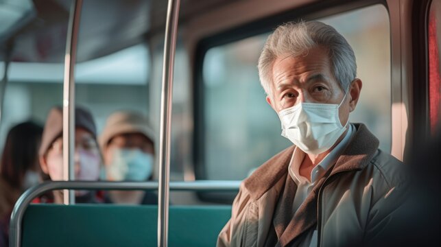 Senior man wearing face masks while riding the bus
