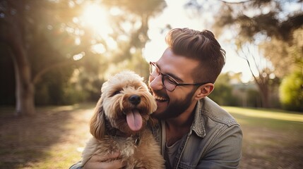 Under the warmth of a man and her dog, they hugged each other warmly and happily.