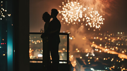 Couple on top of building watching fireworks above the city landscape