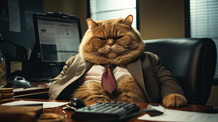 A Fat cat is sitting at the office table in front of a computer, upset and dissatisfied employee	