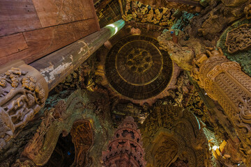 Indoor The Sanctuary of Truth wooden temple in Pattaya Thailand 