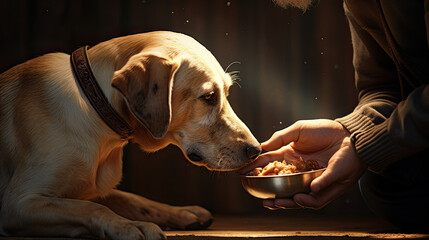 Feeding hungry dog. The owner gives his dog a bowl of dog food