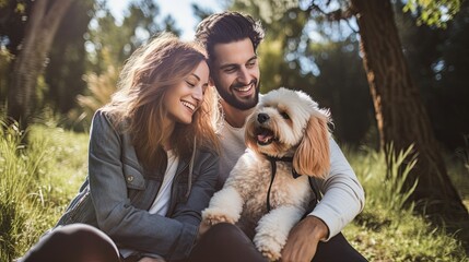Couple spending time with pets in a park or at home. Capture the joy and laughter as they interact with their furry friends - obrazy, fototapety, plakaty