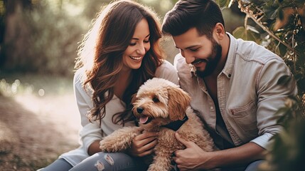 Couple spending time with pets in a park or at home. Capture the joy and laughter as they interact...