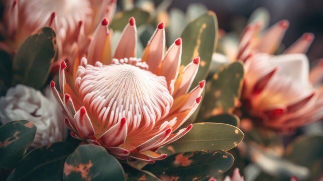 Protea flower close up natural floral background, sharp details