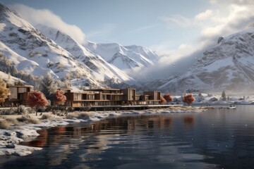 Naklejka premium Winter Wonderland. Modern House in Majestic Mountain Setting with Frozen River Reflection