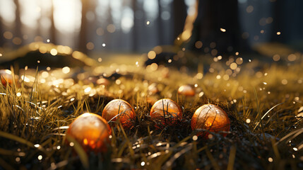 Golden Easter eggs rest in a field, illuminated by the dawn early light. - obrazy, fototapety, plakaty