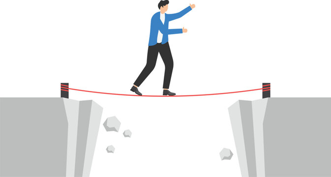 Businessman standing and walking a tightrope over the abyss. Risk Management. 

