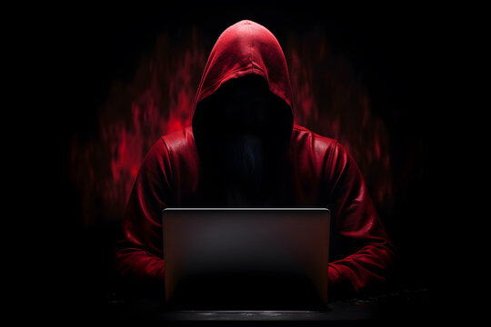 Anonymous hacker with computer laptop. Cybercrime, cyberattack, dark web, red hat concept.