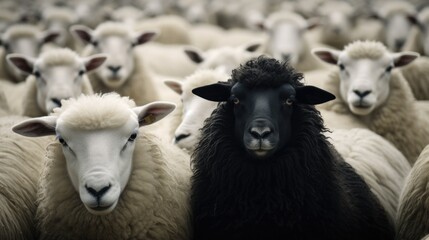 Naklejka premium Single black sheep among white sheeps