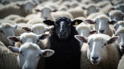 Single black sheep among white sheeps - obrazy, fototapety, plakaty