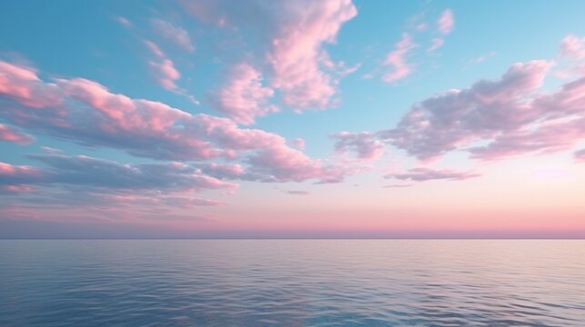 Pink-tinted cirrus clouds at dusk above a serene blue ocean