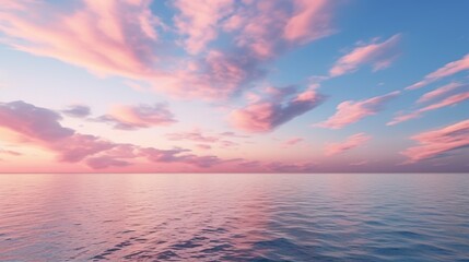 Naklejka na ściany i meble Pink-tinted cirrus clouds at dusk above a serene blue ocean