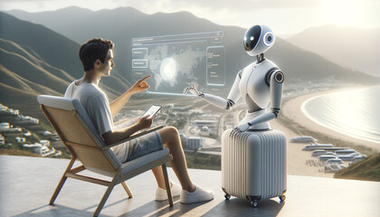 Serene interaction between humanoid AI assistant and traveler in futuristic travel setting.