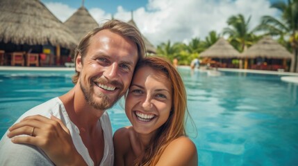 Fototapeta na wymiar Smiling happy couple in resort swimming pool