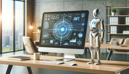 Modern office with advanced AI software interface and humanoid robot collaboration.