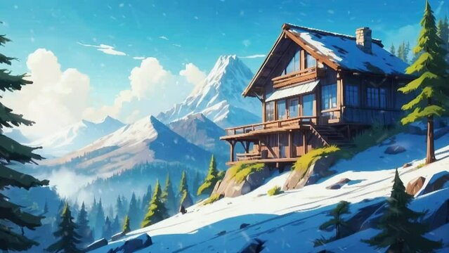 Winter scenery snow landscape log mansion in the mountain, snowfall animation