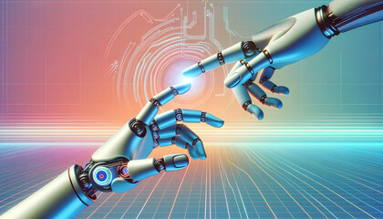 Futuristic robot hand reaching out to human hand, symbolizing AI partnership.
