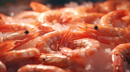 Freshly cooked shrimp & Prawn seafood displayed on ice.