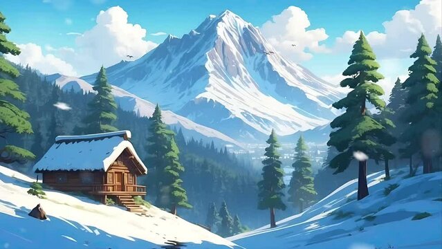 Winter scenery snow landscape samll log cabin in the forest and mountain