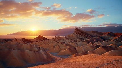 Sunset over Zabriskie Point's natural rock formations in Death Valley National Park, California, USA