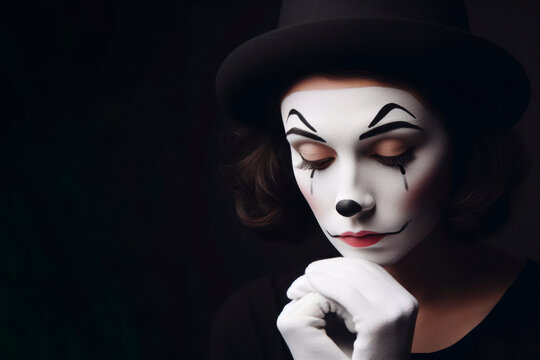 Portrait of a Sad mime on black background. ai generative