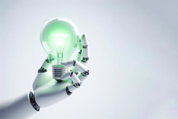 White robotic hand hold light bulb with green glowing light inside on solid white background. ai generative