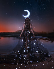 Photo real people Fantasy woman queen night lady moon walks on water crown glows, black dress...