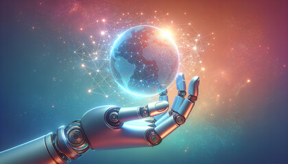 Futuristic robotic hand holding glowing globe, symbolizing global supply chain.