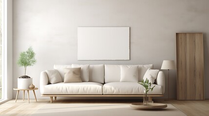 Fototapeta na wymiar Scandinavian minimalism A white modern sofa in a room with neutral tones