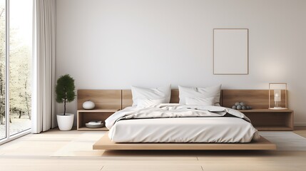 Fototapeta na wymiar Scandinavian minimalism A white modern bed in a room with neutral tones and clean lines