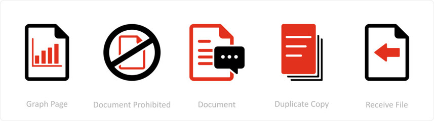 A set of 5 Document icons as graph page, document prohibited, document