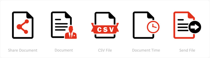 A set of 5 Document icons as share document, document, csv file - obrazy, fototapety, plakaty