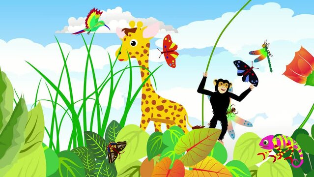 Green grass flying butterflis and dragonflies summertime 2d animation cartoon of giraffe and monkey
