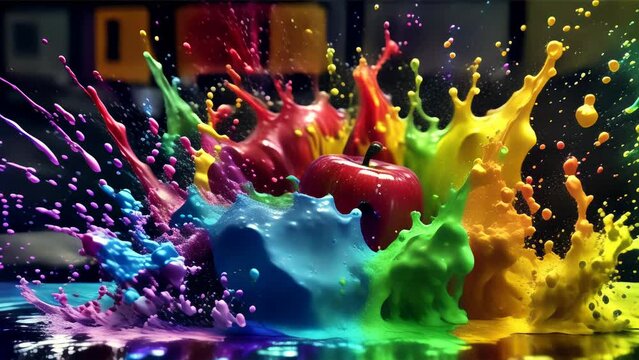An image of a large blob of exploding rainbow paint with an apple emerging.
