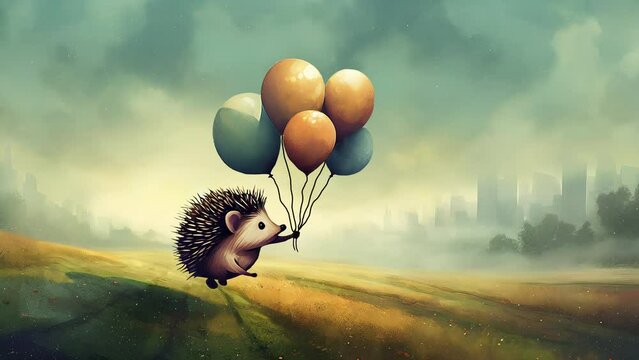 Flying hedgehog with balloons in the park