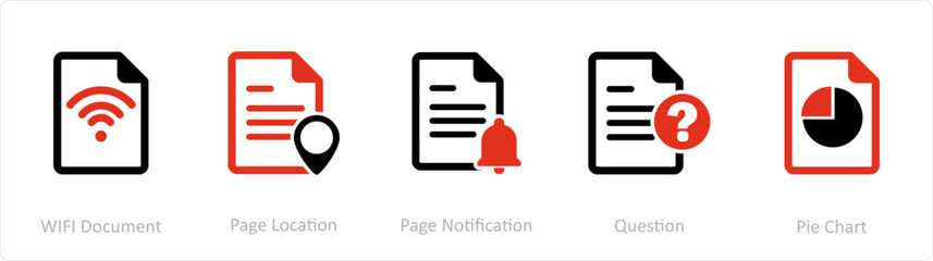 A set of 5 Document icons as wifi document, page location, page notification - obrazy, fototapety, plakaty