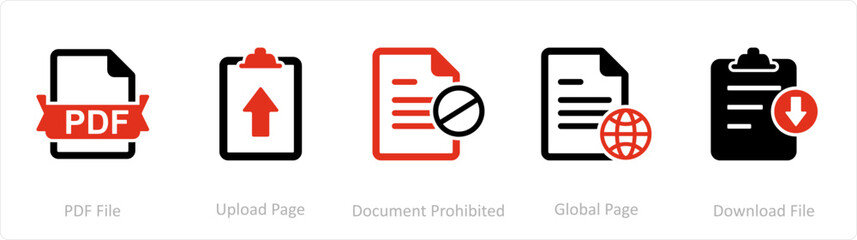 A set of 5 Document icons as pdf file, upload page, document prohibited - obrazy, fototapety, plakaty