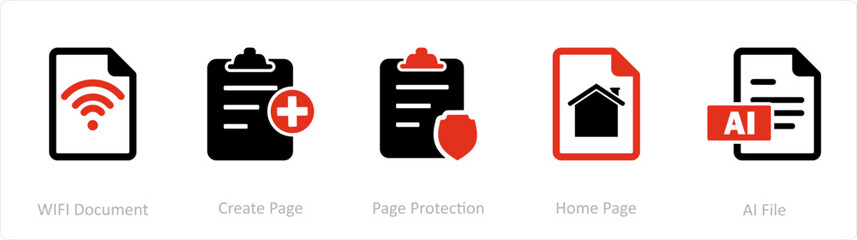 A set of 5 Document icons as wifi document, create page, page protection