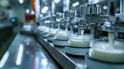 white cosmetic cream production line, cosmetics laboratory assembly line