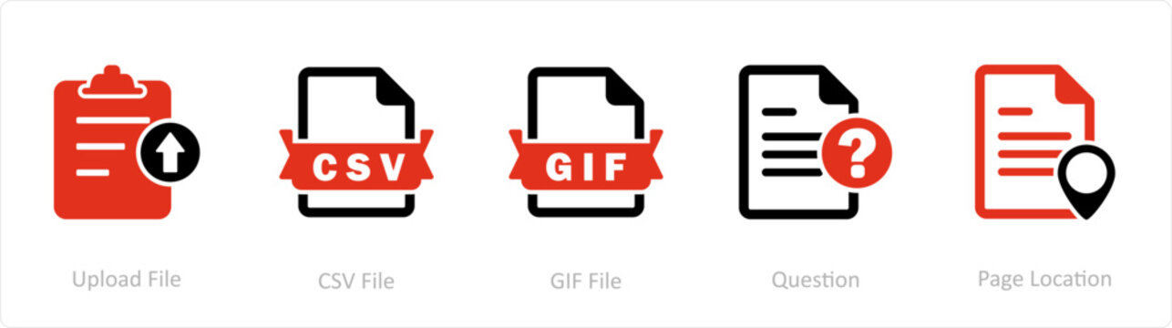A set of 5 Document icons as upload file, csv file, gif file