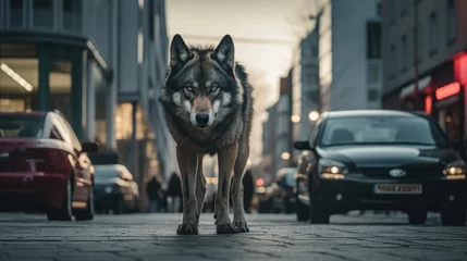 Selbstklebende Fototapeten Wolf standing in the middle of a city street © Fly Frames