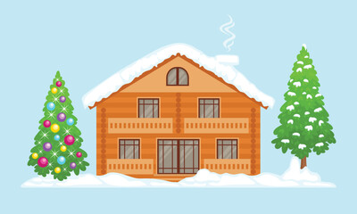 Winter snow-covered wooden house and Christmas tree. Vector cartoon flat illustration. New Year's holiday.