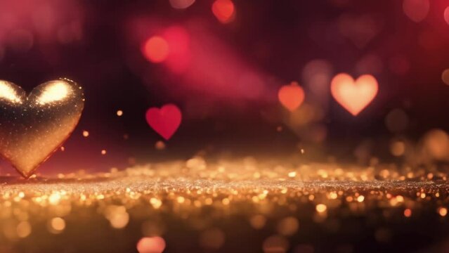 Animatiom golden heart shape with gold and red sparkling particles for decoration Valentines Day background.